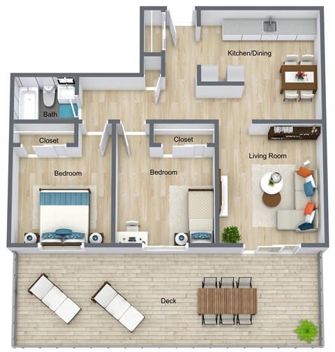 Floor plan for 2 beds, 1 bath, 950 sqft
